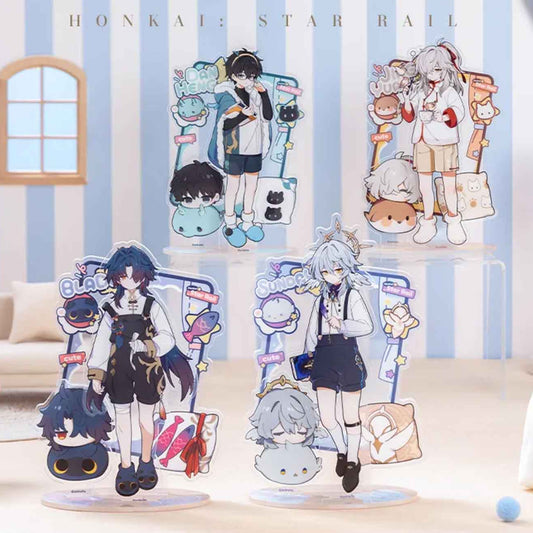 Six acrylic stands are showcased in a cozy room setting, with characters like Dan Heng and Jing Yuan in casual outfits, surrounded by playful doodles and soft plush elements.