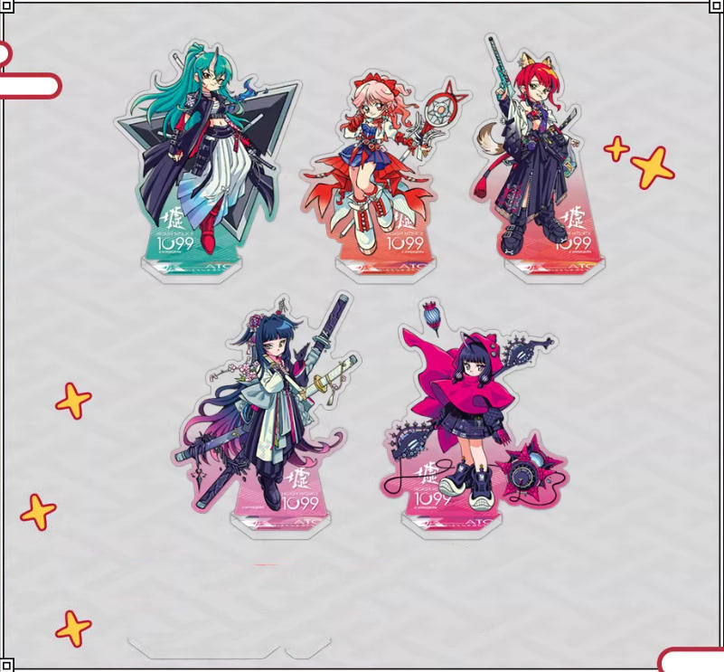 Five chibi-style Arknights character acrylic standees featuring Hoshiguma the Breacher, Ling, Sarasa, Kishibe, and Haruka, each with vibrant, colorful designs and playful poses, arranged on a light off-white background with yellow star accents