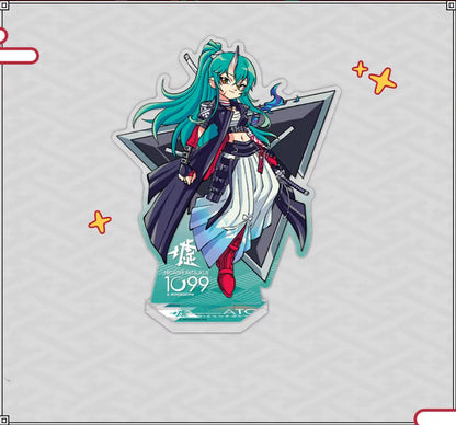 Chibi-style acrylic standee of Hoshiguma the Breacher from Arknights, featuring her teal hair and dynamic combat outfit, displayed on a light off-white background with playful yellow star accents.