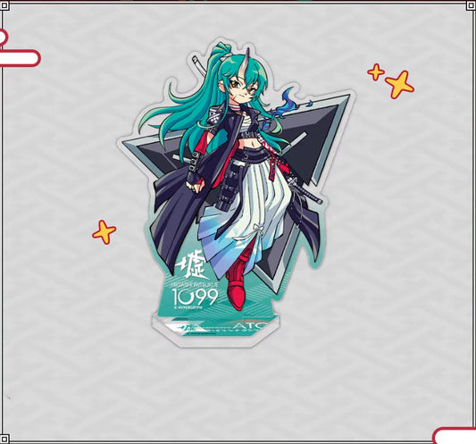 Chibi-style acrylic standee of Hoshiguma the Breacher from Arknights, featuring her teal hair and dynamic combat outfit, displayed on a light off-white background with playful yellow star accents.