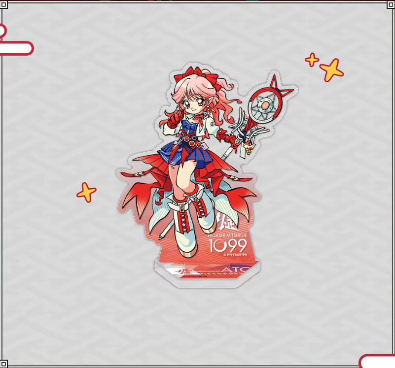 Chibi-style acrylic standee of Haruka from Arknights, showcasing her vibrant pink hair and dynamic combat outfit with red and blue accents, set against a light off-white background with playful yellow star details.