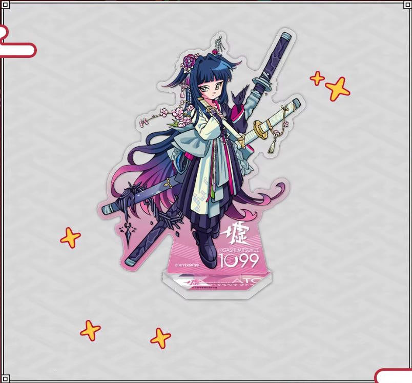 Chibi-style acrylic standee of Ling from Arknights, featuring her gradient blue-purple hair and elegant, sword-wielding outfit with floral details, displayed on a light off-white background with playful yellow star accents