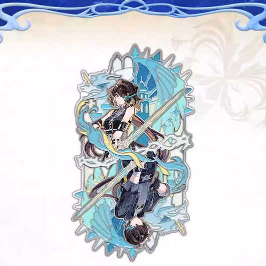 This dynamic metal badge features the Wanderer from Wuthering Waves, showcasing a layered design with vibrant teal and black accents. It captures the character’s combat-ready energy and the game’s fluid, adventurous aesthetic.