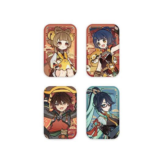 Group shot of four collectible pins from the Genshin Impact Colorful Kites Combing The Spring Breeze series, featuring Yaoyao, Xiangling, Gaming, and Xianyun. Each pin has a rounded square shape with a festive Lunar New Year art style.