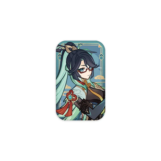Rounded square Genshin Impact collectible pin from the Colorful Kites Combing The Spring Breeze series, featuring Xianyun in a serene Lunar New Year art style.
