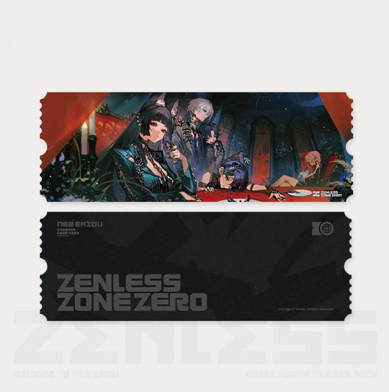 This Zenless Zone Zero laser ticket features a moody, full-group illustration of characters gathered in a dim, opulent room, with a shimmering silver foil finish. The reverse side has a sleek black design with the game’s logo.