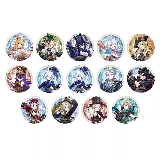 This is a collection of circular character pins, likely from a game or anime. Each pin features a distinct chibi - style character with unique outfits, hairstyles, and colors. 