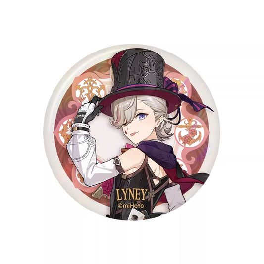  He has short silver - gray hair and bright blue eyes. He's wearing a tall, decorated top hat with a purple band and a bow, a black and white outfit with a cape, and white gloves.