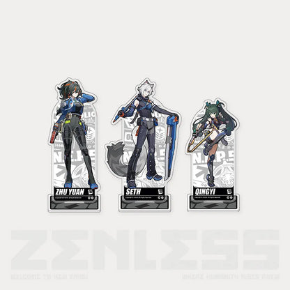  Set of three acrylic stands from the Character Art Series of Zenless Zone Zero, featuring vibrant full-color artwork of Criminal Investigation Special Unit members Zhu Yuan, Seth, and Qingyi in their tactical outfits, displayed on a light beige background with intricate decorative backplates. 
