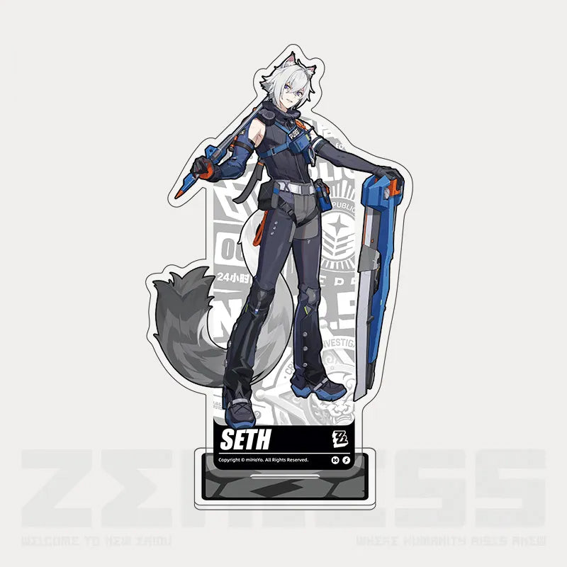 Acrylic stand from the Character Art Series of Zenless Zone Zero, featuring vibrant full-color artwork of Criminal Investigation Special Unit member Seth in his sleek tactical outfit, displayed on a light beige background with an intricate decorative backplate. 