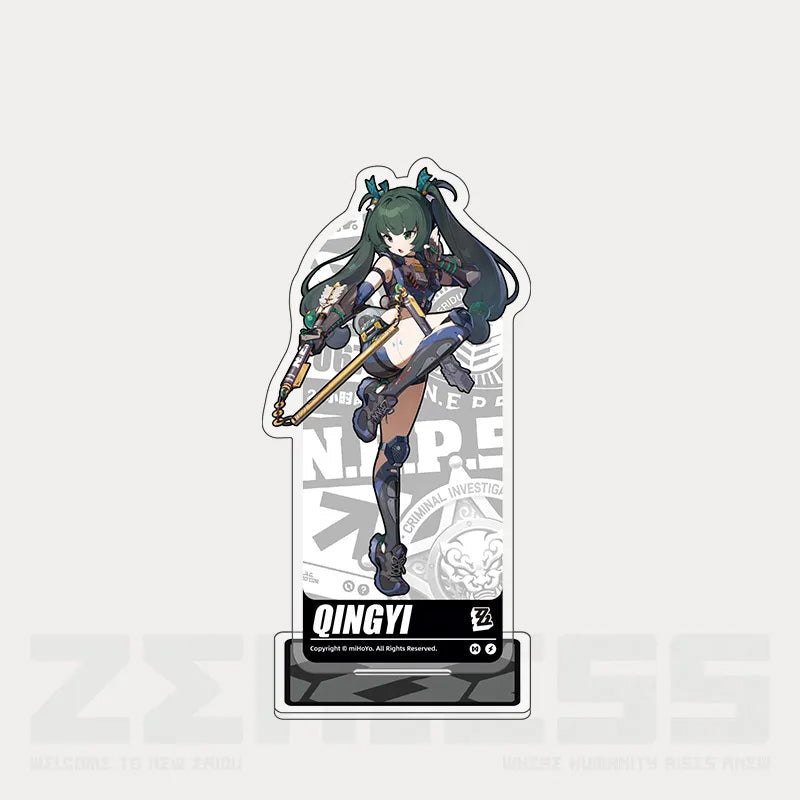 Acrylic stand from the Character Art Series of Zenless Zone Zero, featuring vibrant full-color artwork of Criminal Investigation Special Unit member Qingyi in her dynamic combat outfit, displayed on a light beige background with an intricate decorative backplate. 