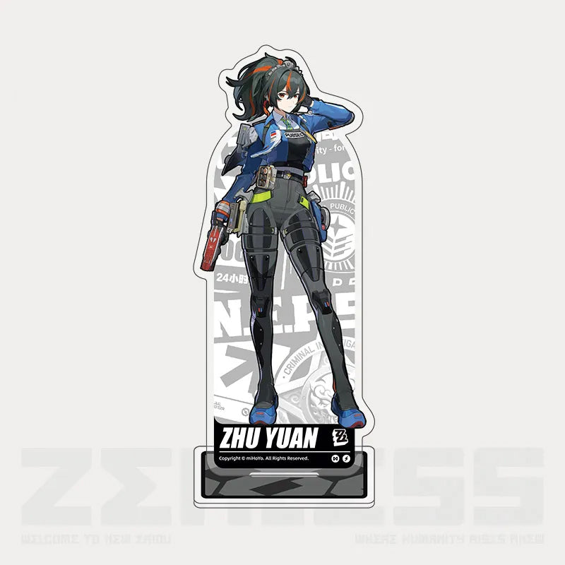 Acrylic stand from the Character Art Series of Zenless Zone Zero, featuring vibrant full-color artwork of Criminal Investigation Special Unit member Zhu Yuan in her tactical black outfit, displayed on a light beige background with an intricate decorative backplate. 