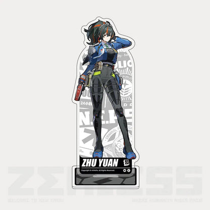 Acrylic stand from the Character Art Series of Zenless Zone Zero, featuring vibrant full-color artwork of Criminal Investigation Special Unit member Zhu Yuan in her tactical black outfit, displayed on a light beige background with an intricate decorative backplate. 