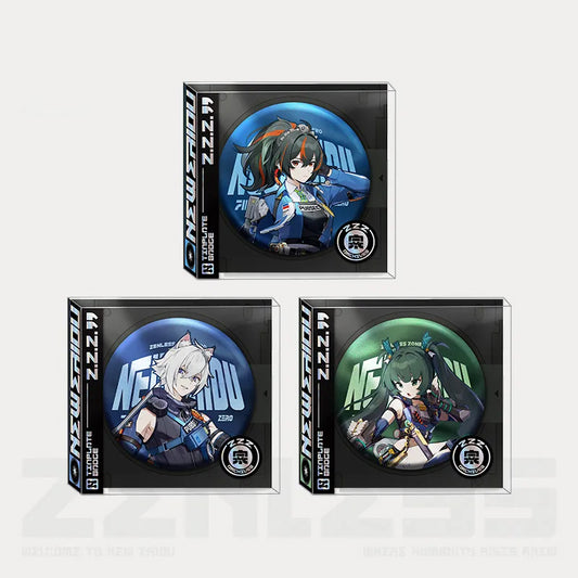 Three collectible tinplate pins from the Artwork Series of Zenless Zone Zero, featuring characters from the Criminal Investigation Special Unit.