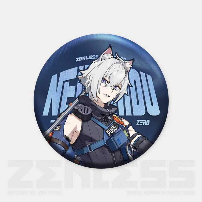 A 75mm tinplate pin featuring Zhu Li from Zenless Zone Zero in her Criminal Investigation Special Unit uniform, set against a bright blue background. The pin has a polarized glitter finish and is displayed on a black themed back card with ZZZ branding.