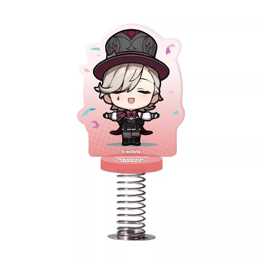 One eye is winking while the other is open, and there's a sweat drop on the cheek. Dressed in a dark suit with a cape and a bow tie, the character spreads out their arms.