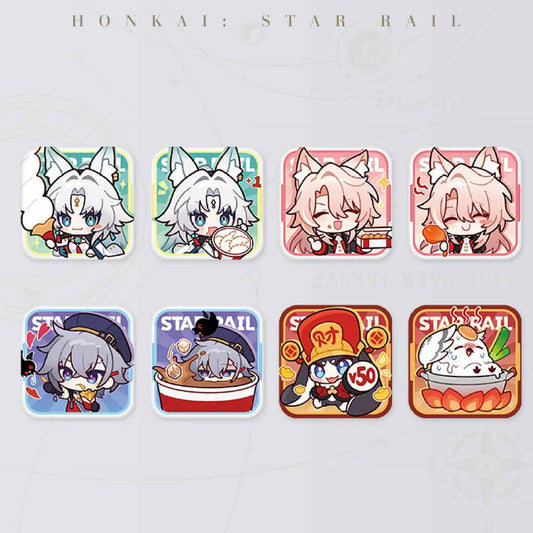 A full set of 8 Honkai: Star Rail "Delicious Feast" square badges, featuring chibi characters like Feixiao, Jiaoqiu, Topaz, and Pom-Pom in food-themed scenarios, arranged neatly.