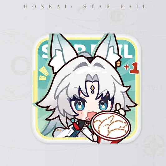 A close-up of Feixiao's badge: She holds a fan with a cloud design, against a teal background with sparkles, looking cute and poised.