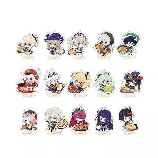 Chibi Genshin Impact characters enjoying various dishes, Delicious Party themed acrylic stand collection