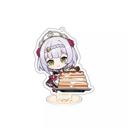 Chibi Genshin Impact character with white hair holding stacked desserts, Delicious Party acrylic stand