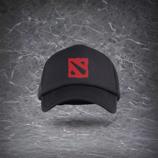 Black Dota 2 baseball hat with iconic red square logo on front, curved padded brim, mesh side panels, classic baseball cap shape.