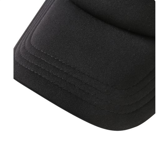 Close-up of hat brim, showing multi-layer reinforced stitching, thick padded black fabric, smooth finish for structured wear.