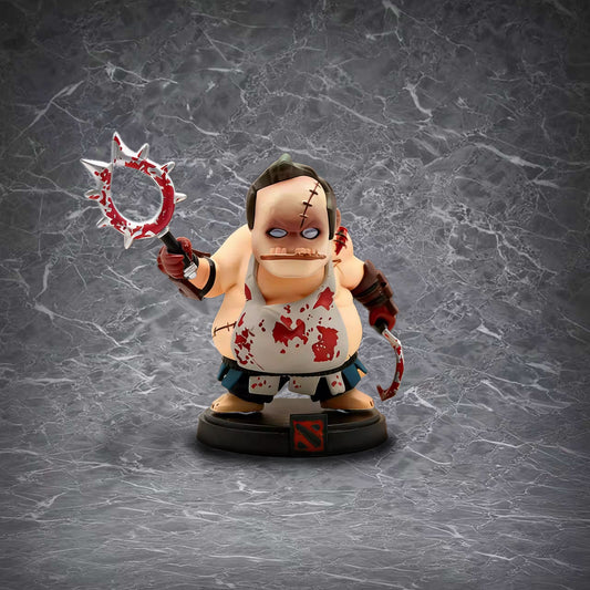 Dota 2 Pudge chibi figure: bloodstained apron, meat hook and spiked ring, stitched face, black Dota 2 logo base.