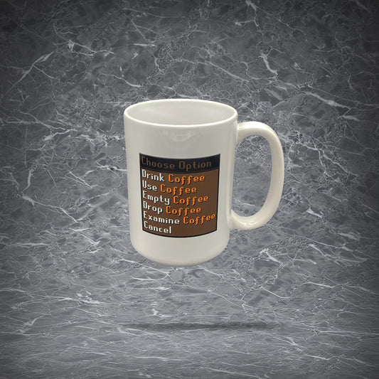 White 15oz ceramic mug featuring the OSRS right-click menu with options Drink, Use, Empty, Drop, and Examine Coffee.