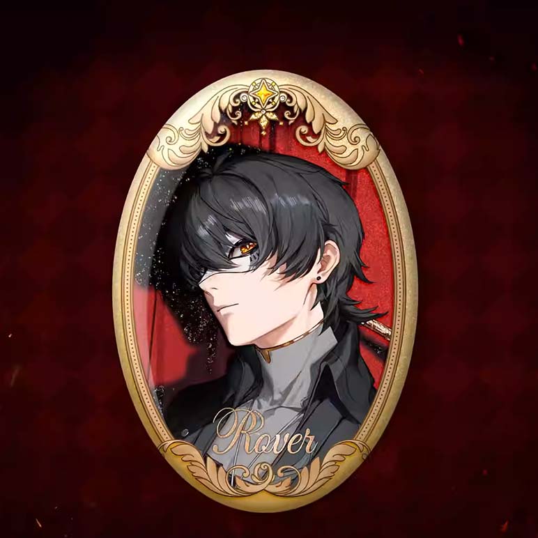 A sophisticated oval badge showcasing the male Wanderer from Wuthering Waves, set in a lavish gold frame with a red glitter background, capturing his sharp, stoic expression.