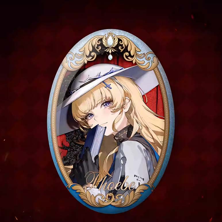 This elegant oval badge features Phoebe from Wuthering Waves, framed in ornate blue and gold filigree. The shimmering glitter base highlights her gentle, book-holding pose.