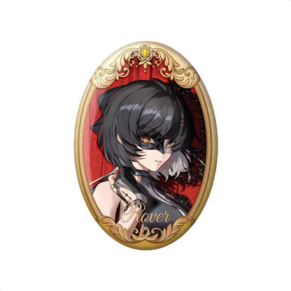 A sophisticated oval badge showcasing the male Wanderer from Wuthering Waves, set in a lavish gold frame with a red glitter background, capturing his sharp, stoic expression.