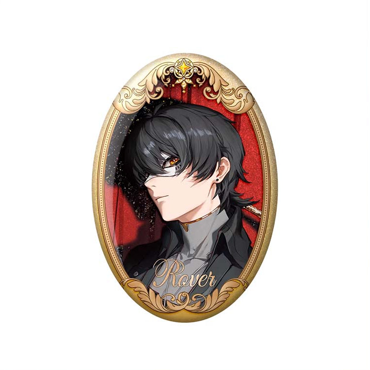 A striking oval badge featuring the female Wanderer from Wuthering Waves, in a regal gold frame with a red glitter base, emphasizing her cool, determined demeanor.