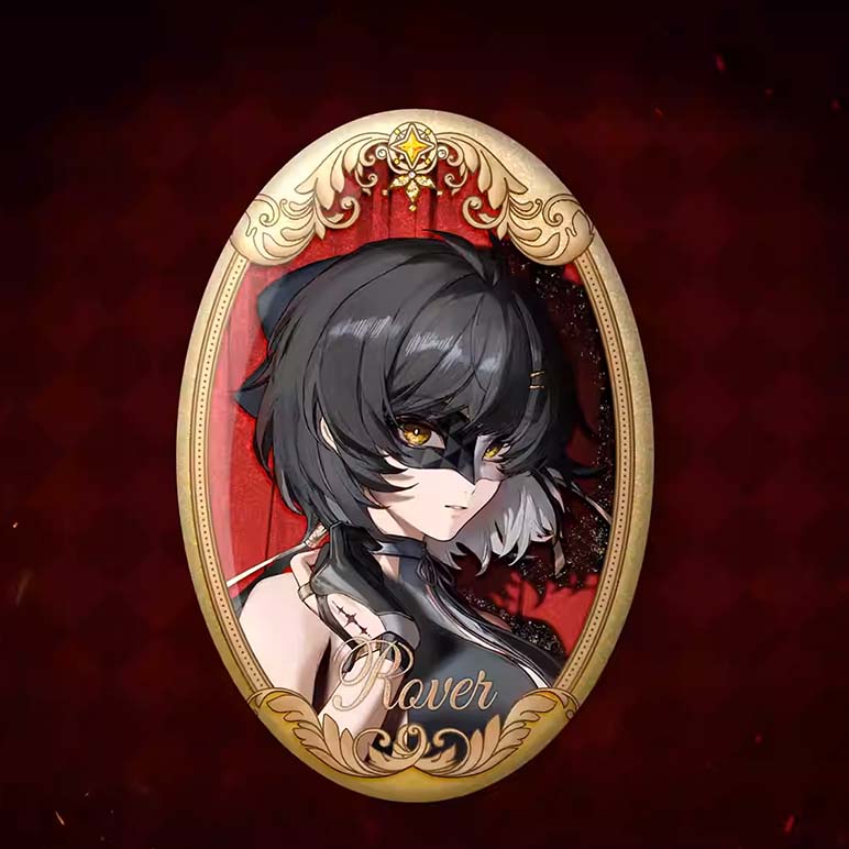 A sophisticated oval badge showcasing the male Wanderer from Wuthering Waves, set in a lavish gold frame with a red glitter background, capturing his sharp, stoic expression.