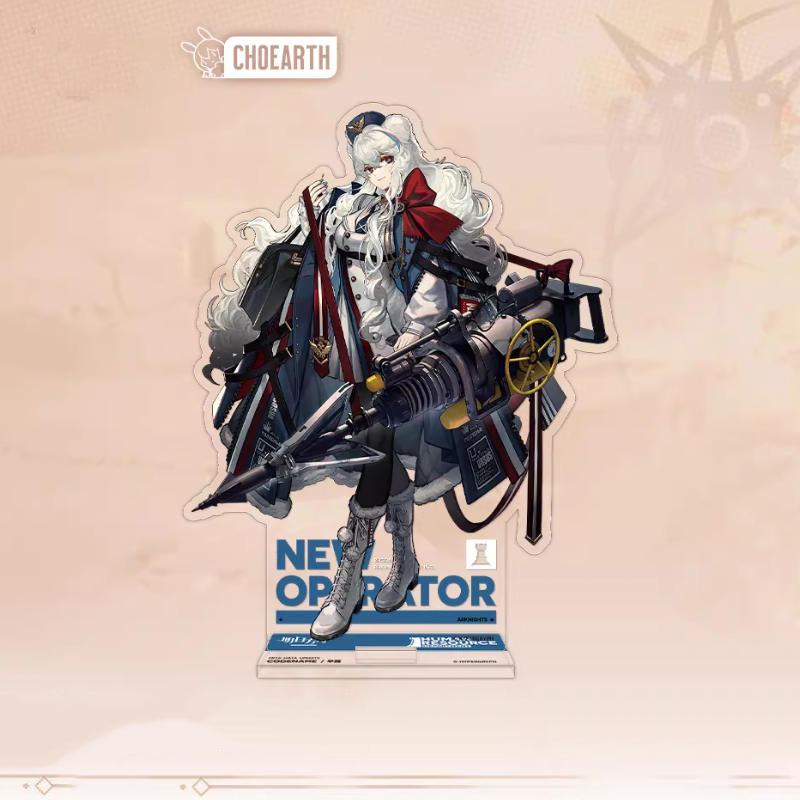 Acrylic standee of Ch'en the Holungday from Arknights, featuring her dynamic pose and signature white, red, and black outfit, mounted on a blue NEW OPERATOR base against a light peach background