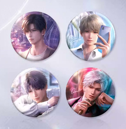 A set of four round tinplate badges from Love and Deepspace, each featuring a distinct male character with vibrant, dreamy background art.