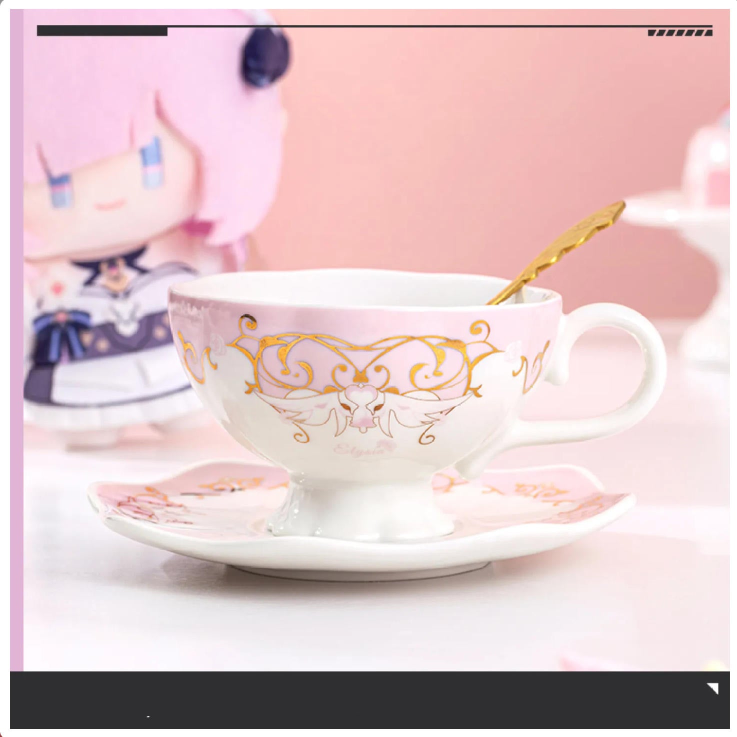 A ceramic afternoon tea set (mug and saucer) featuring designs inspired by the character Elysia from Honkai Impact 3rd.