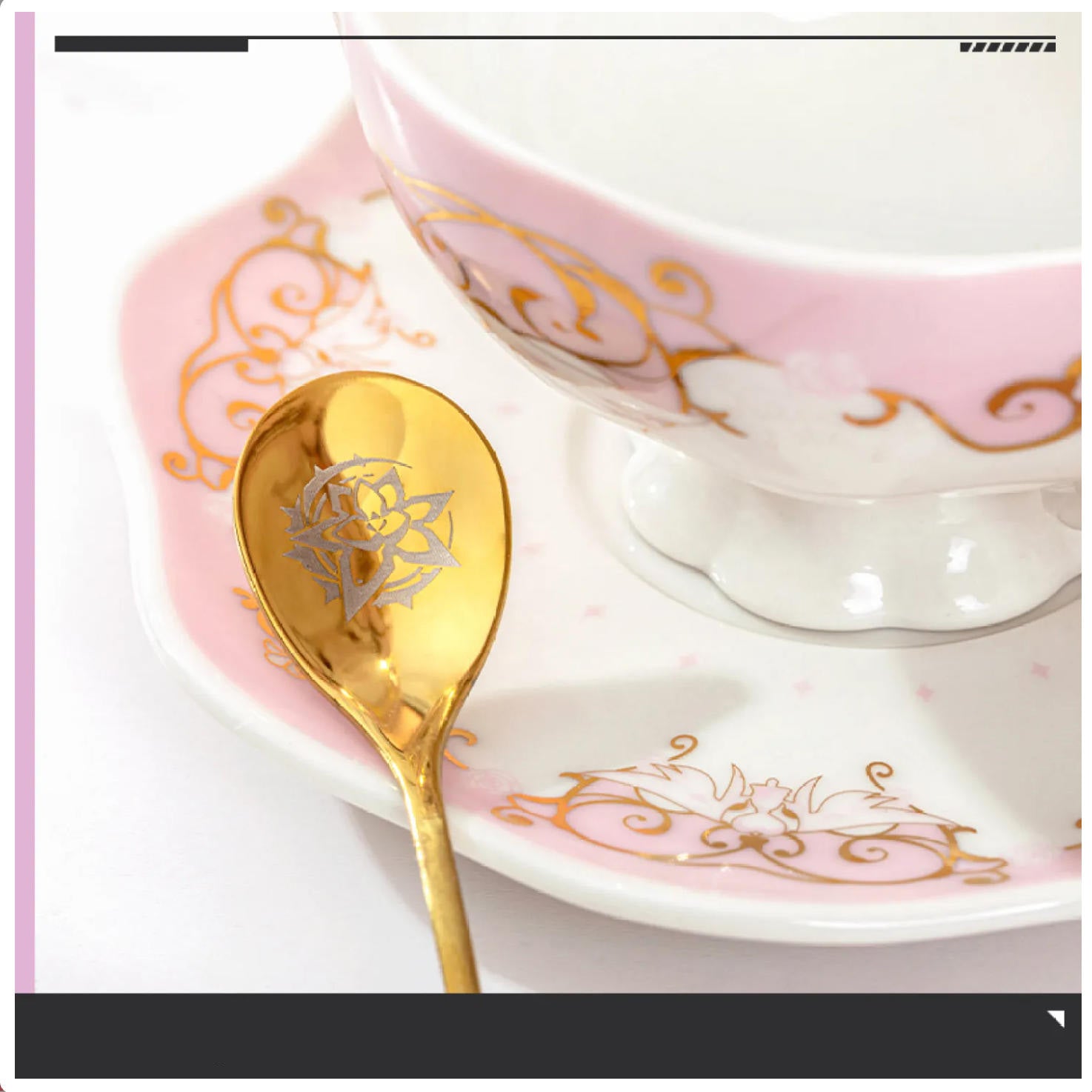 A ceramic afternoon tea set (mug and saucer) featuring designs inspired by the character Elysia from Honkai Impact 3rd.