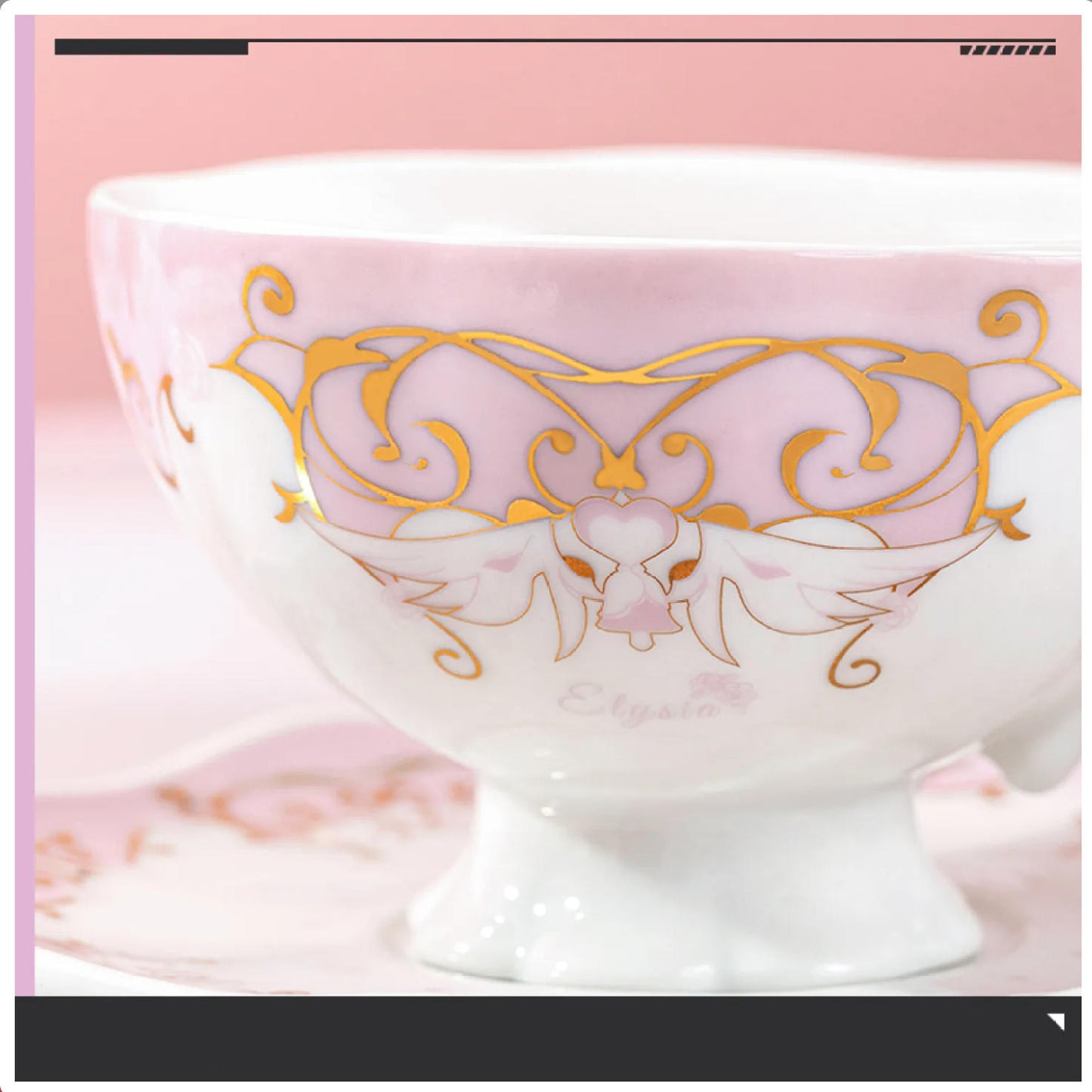 A ceramic afternoon tea set (mug and saucer) featuring designs inspired by the character Elysia from Honkai Impact 3rd.