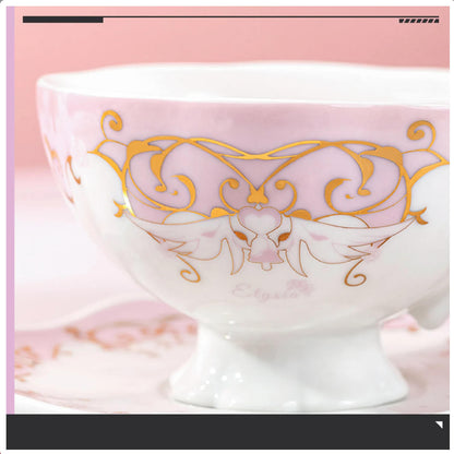 A ceramic afternoon tea set (mug and saucer) featuring designs inspired by the character Elysia from Honkai Impact 3rd.