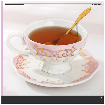 A ceramic afternoon tea set (mug and saucer) featuring designs inspired by the character Elysia from Honkai Impact 3rd.