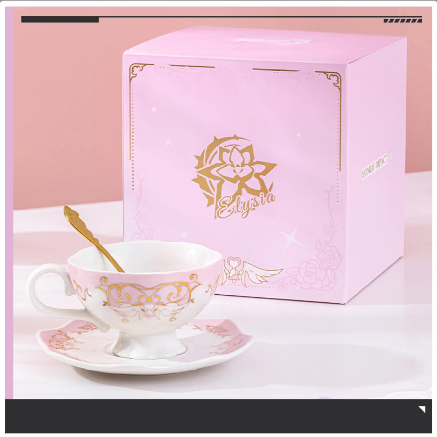 A ceramic afternoon tea set (mug and saucer) featuring designs inspired by the character Elysia from Honkai Impact 3rd.