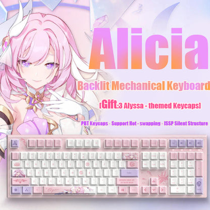 Elysia themed mechanical keyboard for Honkai Impact 3rd fans with custom pink PBT keycaps and UV-printed artwork.