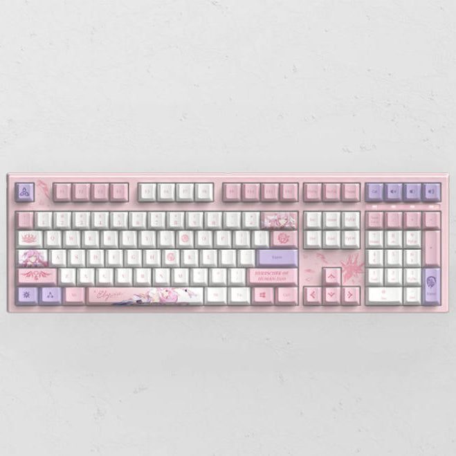 Pink and white Honkai Impact 3rd mechanical keyboard featuring Elysia Herrscher of Human Ego custom PBT keycaps.