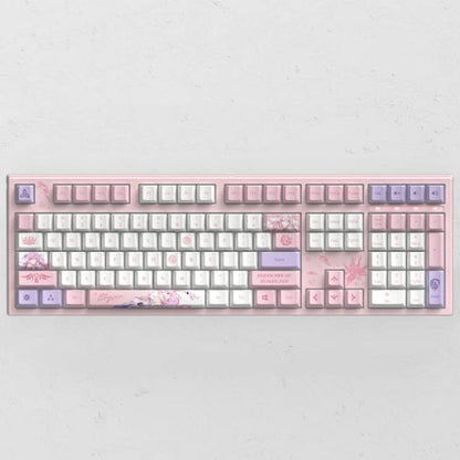Pink and white Honkai Impact 3rd mechanical keyboard featuring Elysia Herrscher of Human Ego custom PBT keycaps.