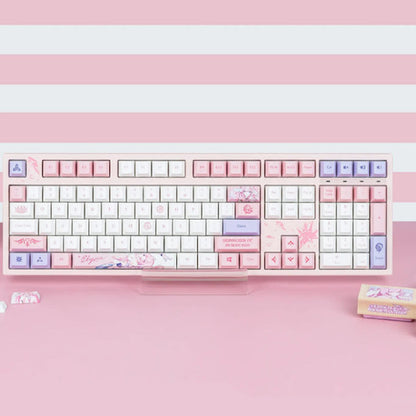 Pink and white Honkai Impact 3rd mechanical keyboard featuring Elysia Herrscher of Human Ego custom PBT keycaps.