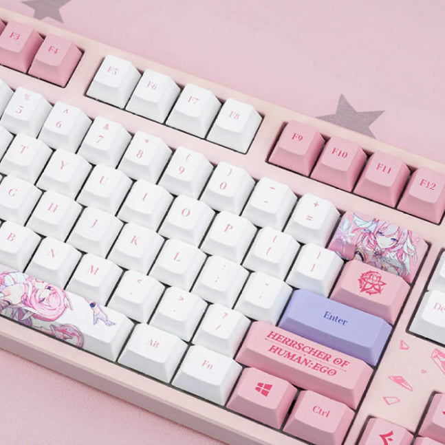 Custom Elysia Honkai Impact 3rd mechanical keyboard with PBT UV-printed keycaps for gaming setups.