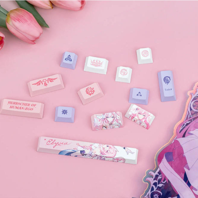 Custom Elysia Honkai Impact 3rd mechanical keyboard with PBT UV-printed keycaps for gaming setups.