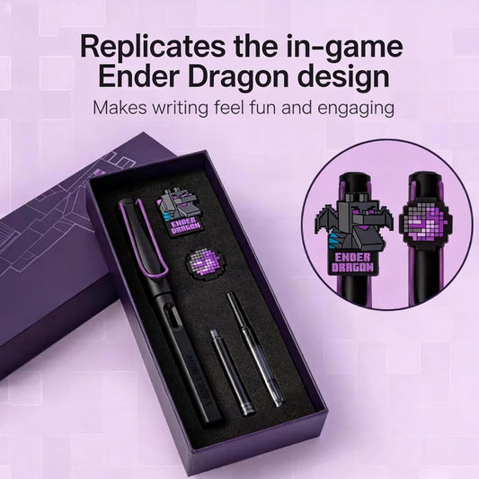Minecraft Ender Dragon Fountain Pen Set displayed with its purple gift box. The set includes a fountain pen, ink cartridges, an ink converter, and Ender Dragon-themed charms, all in a sleek black and purple color scheme.