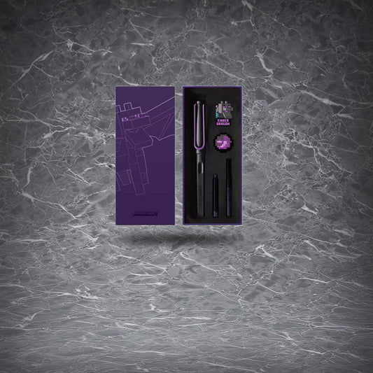 Premium purple gift box packaging for the Ender Dragon Fountain Pen Set. The stylish box features the iconic Ender Dragon design, making it a perfect gift for Minecraft fans and pen enthusiasts.