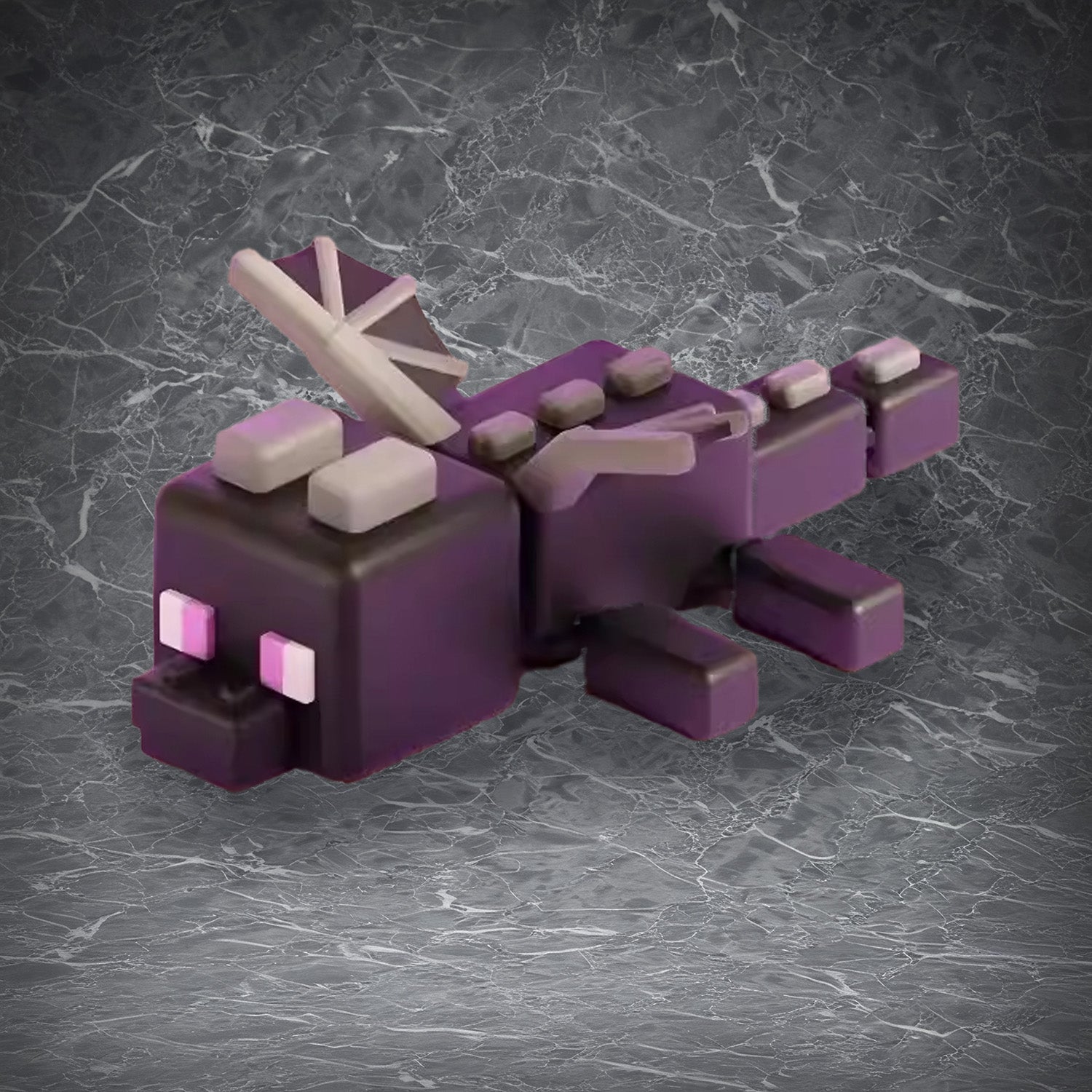 A detailed 3D figurine of the Ender Dragon Hatchling from Minecraft, featuring blocky purple body and wings with distinct pixelated eyes.